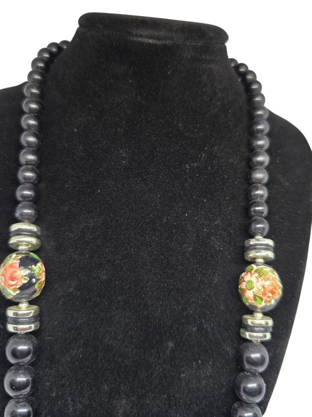 Vintage Black Beaded Cloisonné Floral Necklace Gold Tone Spacers Statement 24” - Picture 5 of 9